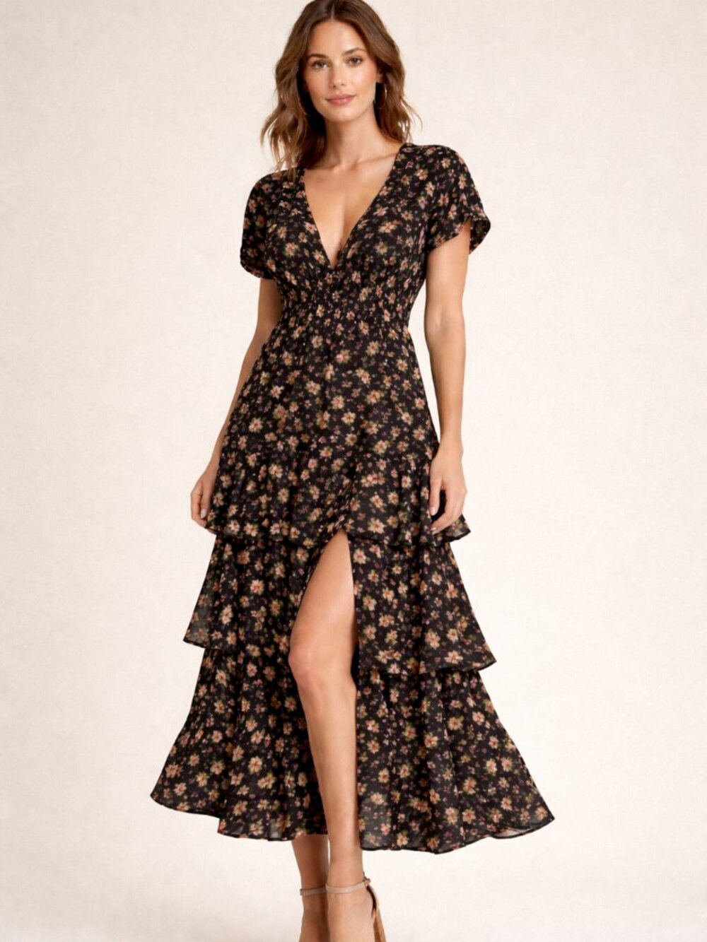 WAYF Floral Maxi Dress XS Black Ditsy Tiered Ruffle V-Neck Puff Sleeve Slit NWT